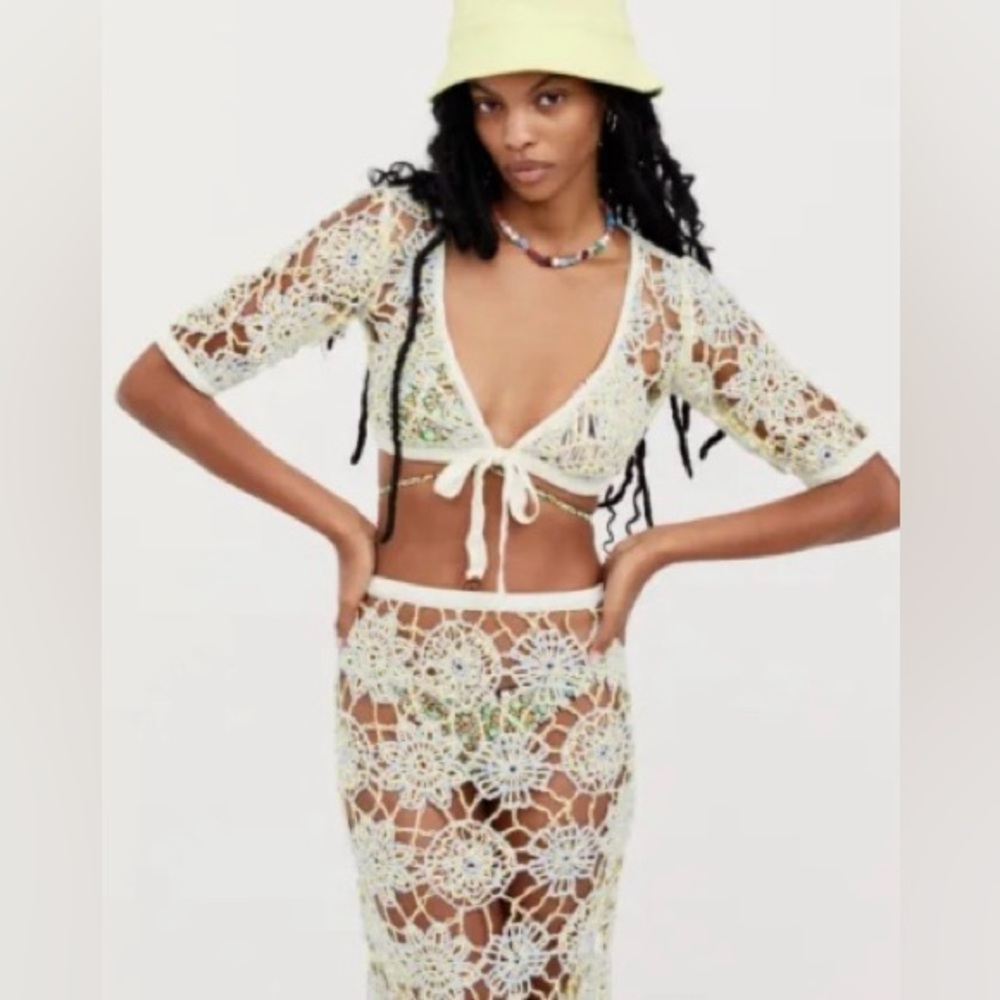 For Love and Lemons Sofia Crochet MIDI Skirt and Top SET size XL NWT